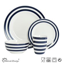 16PCS Porcelain Dinner Set with Blue Decal Strip and Dots Design